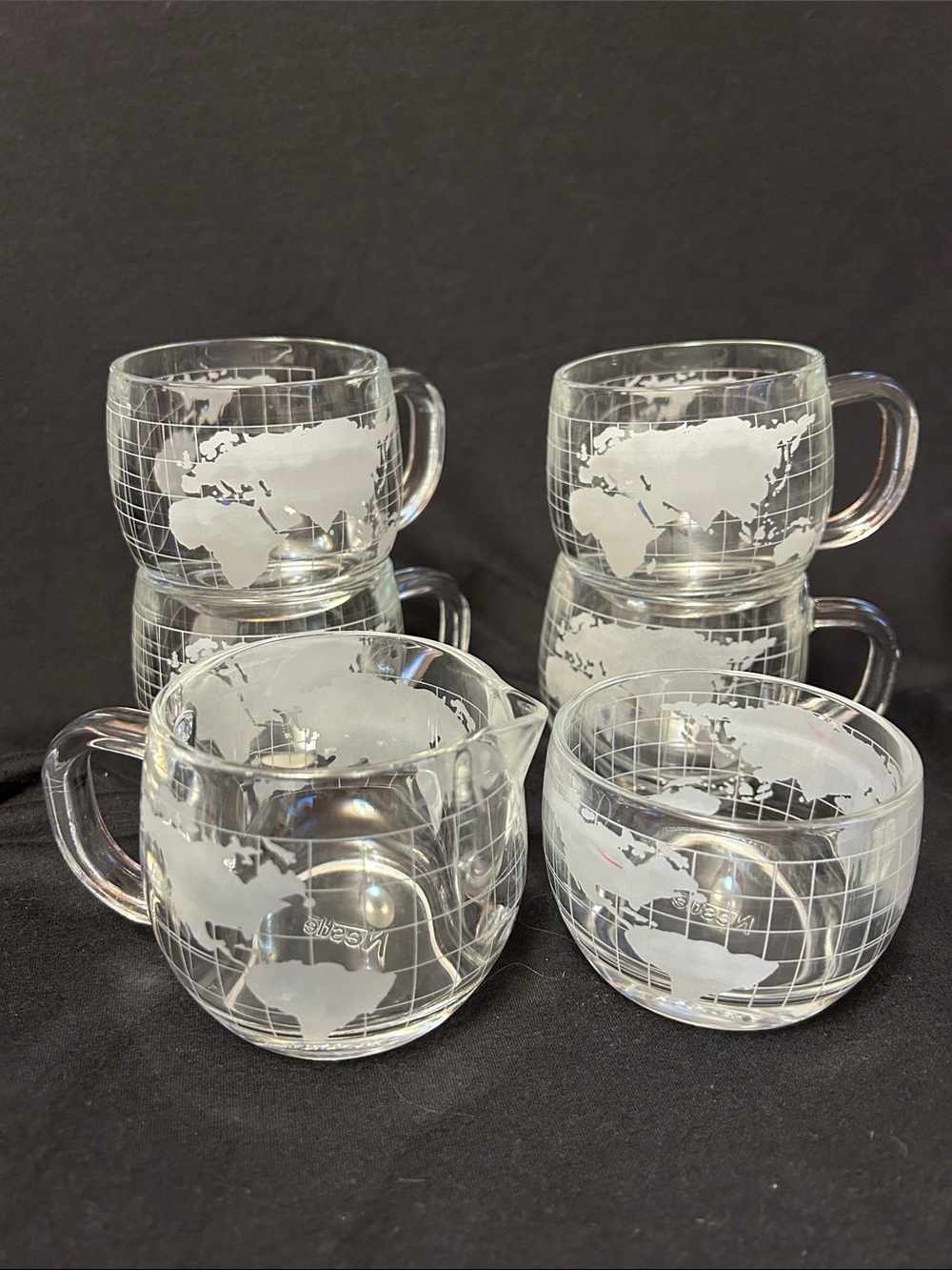 Vintage Nescafé Etched World Map Glass 4 Mugs, Creamer & Sugar Set